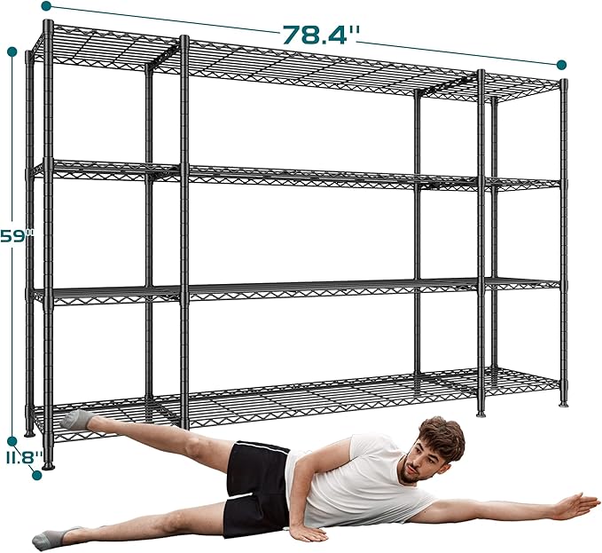 REIBII 78.4" W Storage Shelves 1500LBS Load, Metal Shelving Unit Heavy Duty Wire Shelving for Garage Storage Rack, Adjustable Metal Shelf for Pantry Commercial Kitchen Storage Shelves, 11.8''D x 59''H
