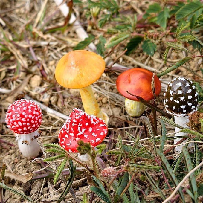 5-Pack Handmade Clay Mushrooms Miniature Fairy Garden Decor - DIY Mini Mushrooms for Terrariums Potted Plant Holiday Ornaments & Desktop Decorations