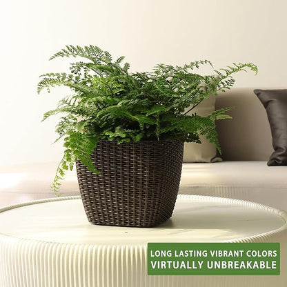 Dexceder 11x10 Self Watering Planter Indoor Outdoor, Inner Mat Design, Thickened Table Flower Plant Pot with Water Level Indicator (Brown Rattan)