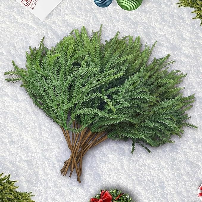 16 Pcs Norfolk Pine Stems, 19" Long Artificial Christmas Norfolk Pine Branches, Real Touch Christmas Greenery Stems for Vases, DIY Garland, Xmas Indoor Home Decorations