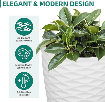 Planters for Indoor/Outdoor Plants (Set of 2), 19in Tall Large Garden Pots, Wavy Matte White Planter, Faux Ceramic Flower Pots, All-Weather Durable HDPE Plastic Plant Pot with Drainge Hole