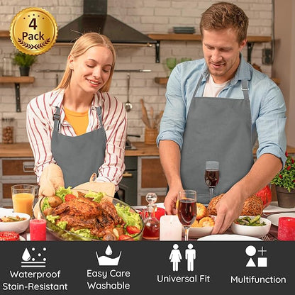 4 Packs Chef Apron, Waterproof Apron, Adjustable Aprons with 2 Pockets for Men Women, Professional Aprons for Kitchen Cooking Gardening Painting Baking Restaurant (Gray)