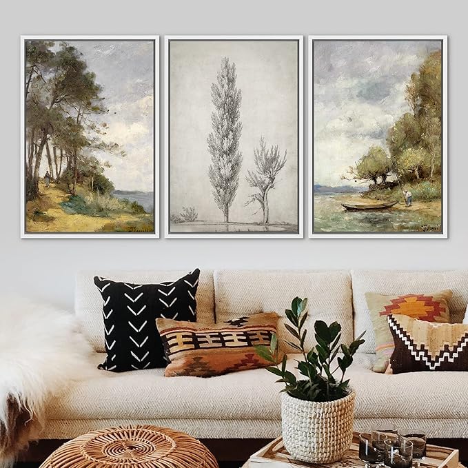 Ashbrook Framed Canvas Print Wall Art Set Forest Tree Lake Nature Wilderness Illustrations Fine Art Decorative Floral Botanical Garden Vintage for Living Room, Bedroom, Office - 24"x36"x3 White