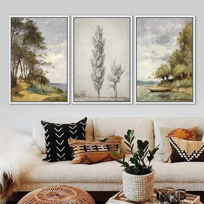 Ashbrook Framed Canvas Print Wall Art Set Forest Tree Lake Nature Wilderness Illustrations Fine Art Decorative Floral Botanical Garden Vintage for Living Room, Bedroom, Office - 24"x36"x3 White