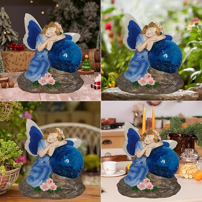 Solar Fairy Garden Statue with Cracked Glass Ball & Glowing Wings, Waterproof Outdoor Fairy Decor for Yard, Patio, Lawn – Ideal for Garden Lovers & Holiday Giving (7.67x6.69 Inches Blue)
