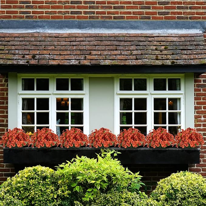 15 Bundles Artificial Flowers UV Resistant Outdoor Plants No Fade Faux Plastic Shrubs Fake Silk Flowers Window Box Garden Porch Home Decoration(Orange)