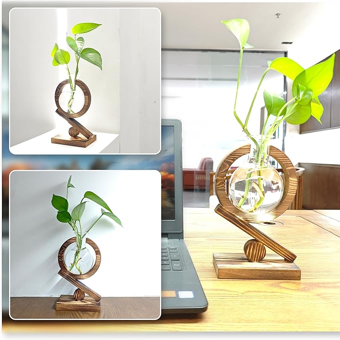 Plant Propagation Station,Plant Terrarium with Wooden Stand,Air Planter Bulb Glass Vase Holder Table Top Decor,Birthday Gifts for Home Office Garden Boho Desk Decor (Natural Wood Color)
