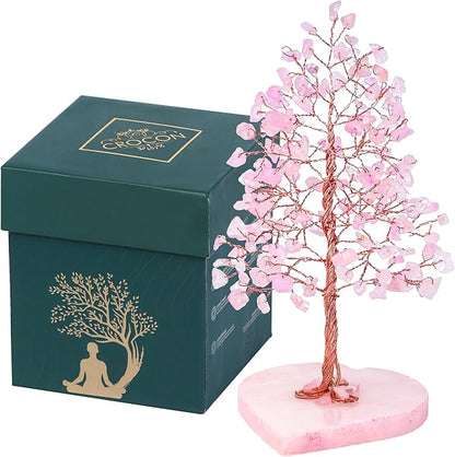 Crocon Crystals Tree Rose Quartz Healing Stones Reiki Crystals Heart Base Spiritual Meditation Energy Home Room Office Desk Decor Pink Gifts for Women Men & Mom Birthday Present