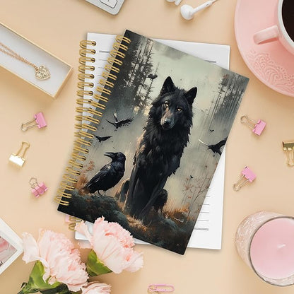 XPH Gothic Wolf Raven Spiral Notebook, Wolf Gifts, Crow Gifts Journaling Notebooks for Women, Dark Moody Wild Animal Hardcover Journals for Writing 160 Pages 5.5 x 8.3 Inch, Gothic Office Supplies