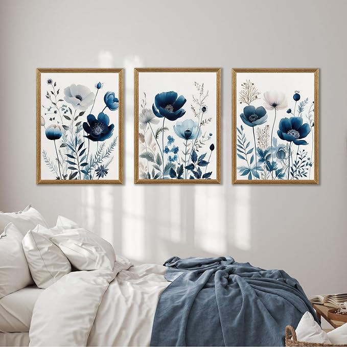 DUWQU 3 Pcs Blue Floral Canvas Wall Art, Wood Framed Navy Blue Wildflower Lily Daisy Wall Decor, Watercolor Botanical Flower Home Poster Art Prints for Living Room Bedroom Bathroom 16×24 Inches