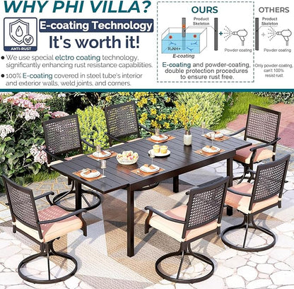 PHI VILLA Outdoor Patio Dining Table and Chairs Set of 7 Pieces Patio Furniture Set Metal Extendable Table and 6 Black Swivel Dining Chairs with Cushion for Bistro Backyard Garden