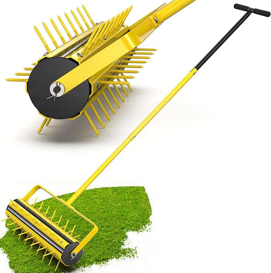 Upgraded 20 Inch Lawn Aerator Tool – Manual Rolling Lawn Core Aerator with 2.4” Steel Spikes, Welded Spike Strip & T-Handle – Yard Soil Aeration for Grass, Garden, Lawn Care