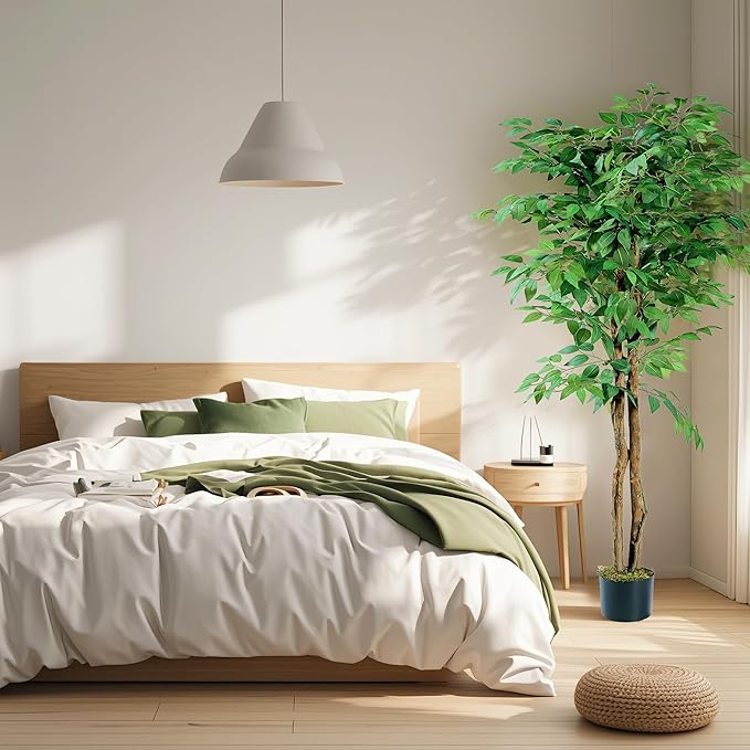 VECELO Ficus Tree Artificial 6 Feet, Tall Faux Tree in Pot, Fake Floor Plant with Realistic Tree Branch & Silk Leaves for Home Office Indoor Decor