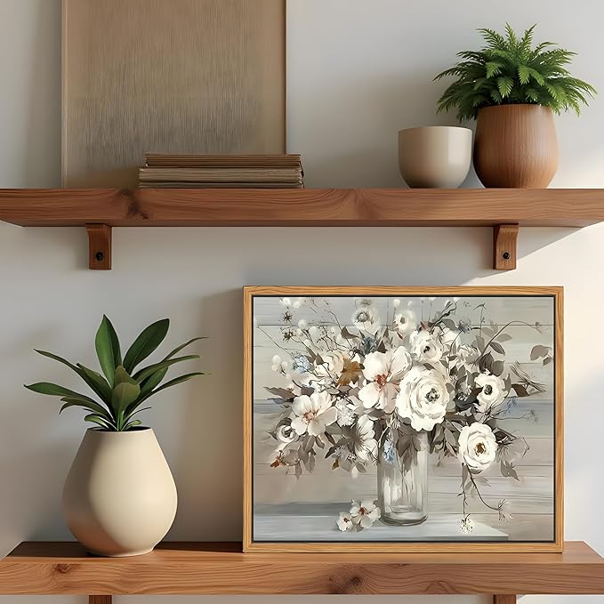 SAMHOU Floating Framed Canvas Wall Art, Vintage White Floral Poster Prints, Nature Plant Picture Wall Decor, Modern Farmhouse Painting Decor for Living Room Kitchen Bathroom Bedroom 8x10 inch