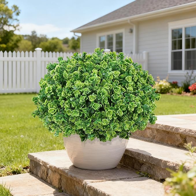 Artificial Fake Outdoor Plants for Spring Summer Decoration, 12 Bundles Fake Plastic Roses UV Resistant Look Real Faux Plants for Planter Outside Front Door Porch Patio Balcony Garden Indoor Yard Urn