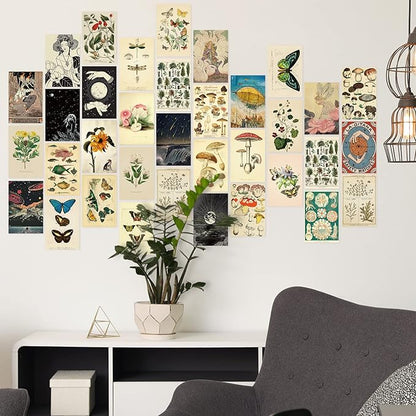 Containlol 60 Pcs Vintage Wall Collage Kit Maximalist Paintings Art Prints Botanical Illustration Tarot Aesthetic Vintage Prints Cards Photo Wall Collection Aesthetic Collage Dorm Bedroom Decor