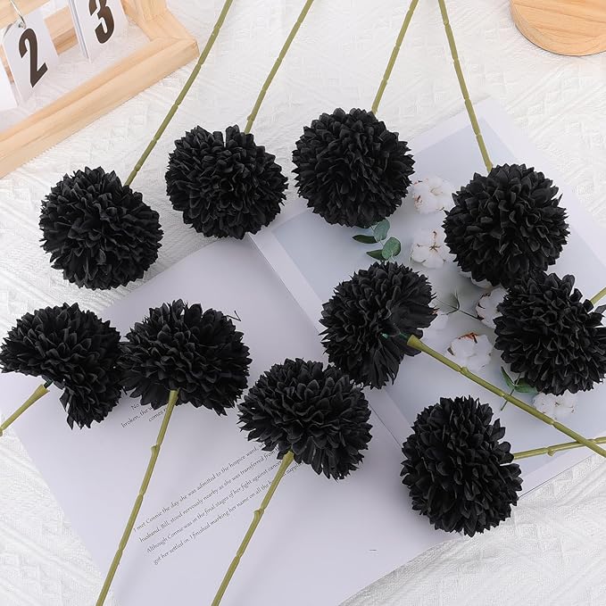 12 Pcs Black Artificial Chrysanthemums Flowers Silk Fake Mums Flowers for Halloween Ghothic Wedding Table Centerpiece Christmas Home Decor (12, Black)
