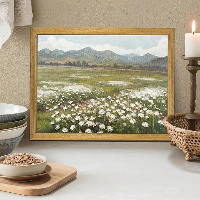 Framed Canvas Wall Art, Vintage Landscape Bathroom Wall Decor, Countryside Flower Field Classic Print Poster, Farmhouse Kitchen Oil Painting, large Artwork Living Room Home Decor 12x16 Inch