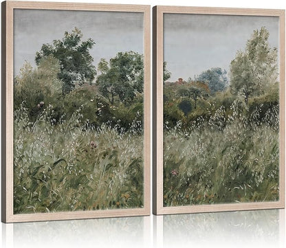 Framed Vintage Canvas Wall Art Nature Scenery Tranquil Outdoor Greenery Poster Picture Countryside Painting Natural Landscape Modern Home Print Living Room Gallery Ready to Hang 16x24 inches x2