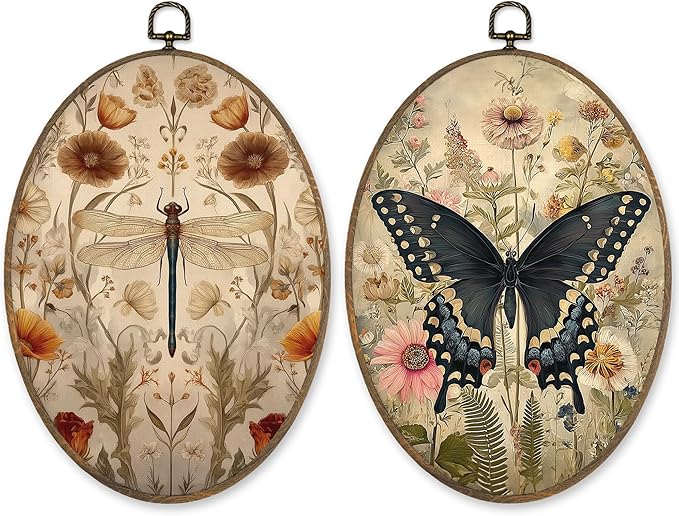 LKETW Vintage Floral Dragonfly Butterfly Oval Wall Art Decor, Farmhouse Nature Oval Canvas Hanging Decor, Rustic Wildflower Insect Wall Decorations for Home Living Room Bedroom, 8.6x11.4 Inch Set of 2
