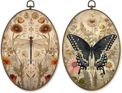 LKETW Vintage Floral Dragonfly Butterfly Oval Wall Art Decor, Farmhouse Nature Oval Canvas Hanging Decor, Rustic Wildflower Insect Wall Decorations for Home Living Room Bedroom, 8.6x11.4 Inch Set of 2