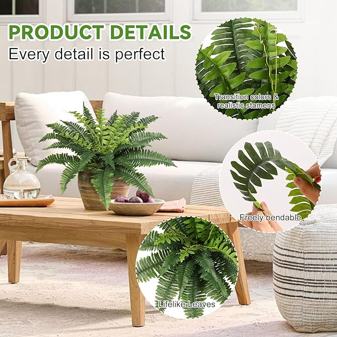 JUSTOYOU 25" Realistic Artificial Boston Fern Bush, Set of 2 with 24 Fronds Faux Fake Ferns UV Resistant Plants for Living Room, Garden, Porch and Front Door Decor