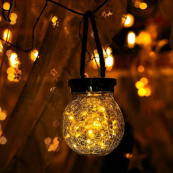 Cooo Christmas Gifts 6 Pack Solar Lanterns Waterproof Outdoor Heavy Crackle Glass 30 LED Warm Firefly Lights Stainless Steel Lid 215% Solar for Women Mom Grandma Outdoor Table Lamps Garden Yard Decor