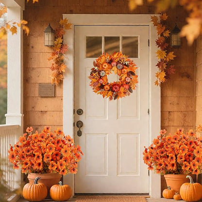 Fall Artificial Flowers for Outdoors Fake Mums for Outside 12 Bundles Faux Silk Orange Dasiy Flower Look Real UV Resistant No Fade Faux Fall Flowers for Front Door Porch Autumn Decoration