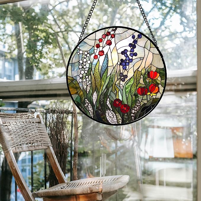 Stained Glass Window Hanging Red Purple Flowers Berry Green Plants 9.8" - Suncatcher Door Garden Sun Catcher Home Decor Birthday Christmas for Mom Men Woman Friend