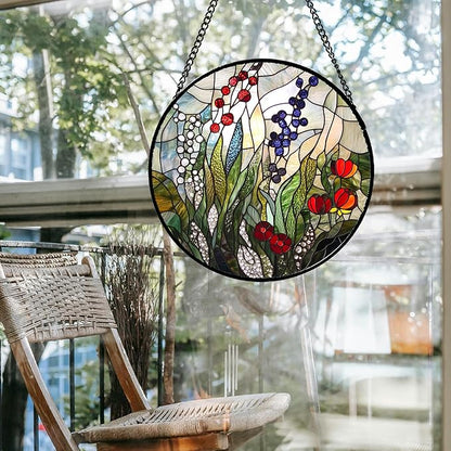 Stained Glass Window Hanging Red Purple Flowers Berry Green Plants 9.8" - Suncatcher Door Garden Sun Catcher Home Decor Birthday Christmas for Mom Men Woman Friend