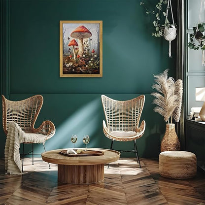 Framed 3D Textured Wall Art, Gothic Dark Mushroom Wall Decor, Vintage Hand Drawn Sandstone Nature Botanical Pictures for Living Room Bathroom Bedroom Dining Room 16x24 inch