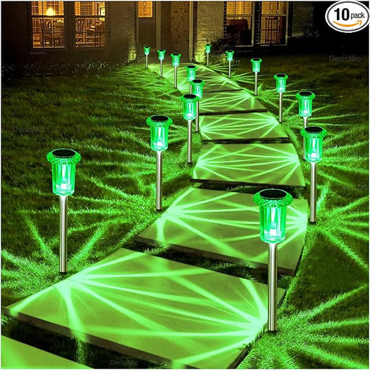 DenicMic Solar Lights Outdoor 10 Pack Green LED Waterproof Yard Garden Patio Backyard Pathway Walkway Landscape Lawn Outside Solar Christmas Lights Outdoor