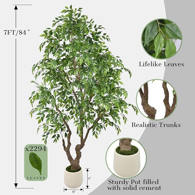 7ft Artificial Ficus Tree - 84In Tall Faux Banyan Tree with White Planter, Large Fake Ficus Tropical Plant for Home Office Living Room Mall Porch Indoor Decor