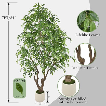 7ft Artificial Ficus Tree - 84In Tall Faux Banyan Tree with White Planter, Large Fake Ficus Tropical Plant for Home Office Living Room Mall Porch Indoor Decor