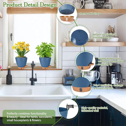 6 Inch Self Watering Pots for Indoor Plants (5-Pack) – Small Plastic Planters with Water Window, Drainage Holes & Trays, Indoor Outdoor Flower Pots for Herbs, Succulents, Home Garden Decor (Navy Blue)