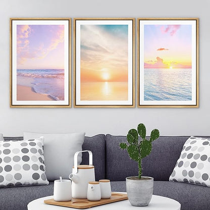 Ashbrook Framed Wall Art Print Set Pastel Dawn Sunset Ocean Beach Wave Landscape Nature Wilderness Photography Modern Art Scenic Colorful Chic for Living Room, Bedroom, Office - 24"x36"x3 Natural