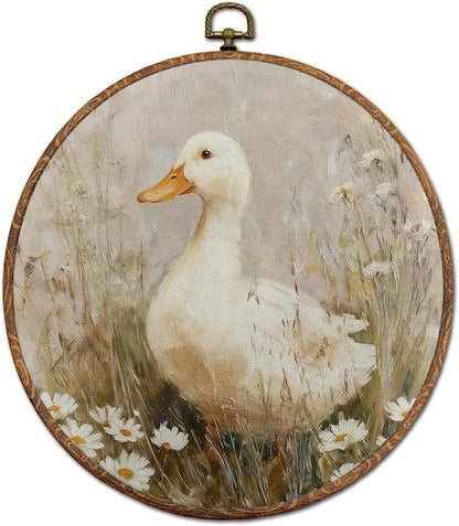 DEQSX Rustic Floral Goose Round Wall Art, Cottagecore Vintage Countryside Goose Framed Wall Decor, Cottagecore Flower Canvas Prints for Home Bedroom Living Room, 10x10 Inches