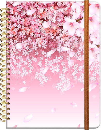 Ruled Spiral Writing Notebook,A5 Hardcover Lined College Journal for Women Lady Girl,Cute Strong Twin-Wire Binding with Premium Paper,8.4" X 6",Perfect for School,Office,Home Gifts(Cherry Blossom