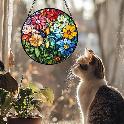 Stained Glass Window Hanging Colorful Flowers and Green Plants 6.3" - Suncatcher Door Garden Sun Catcher Home Decor Birthday Christmas for Mom Men Woman Nana Friend