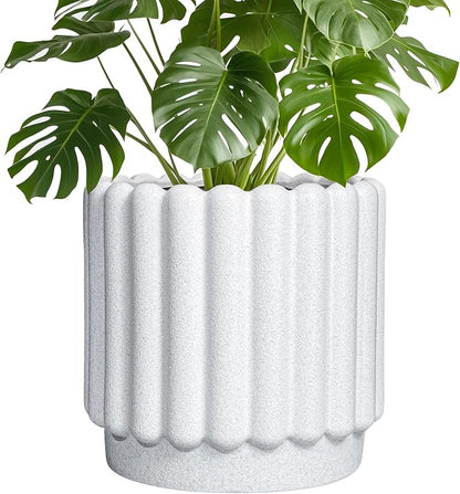 Ceramic Plant Pots - 9.6 Inch Ceramic Planters with Drainage Hole, Round Flower Pots for Indoor Plants, Modern Fluted Large Planter Outdoor, Home Room Decor, Gardening Gifts, White