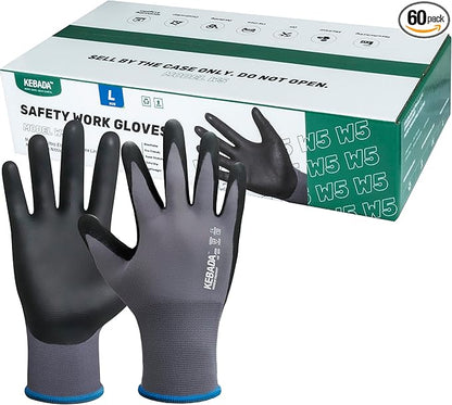 Kebada W5 Work Gloves Bulk Pack (60 Paris), Foam Nitrile Coated Working Gloves with Grip, Ultra Stretchable Spandex Knit Gloves for Gardening and Light Duty Mechanic Work, Medium (Made in Vietnam)