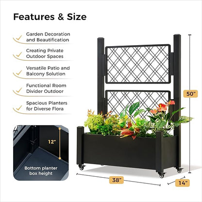 Metal Planter Box with Trellis and Wheels, 50" Hx38 Wx14 D Large Outdoor Garden Planter for Climbing Plants, Vegetables & Vines, Includes Drainage Holes and Privacy Screen, Black