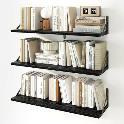 Fun Memories Floating Shelves, 32 x 8 Inches, Set of 3 Wall-Mounted Bookshelves with Metal Brackets, Decorative Storage for Home and Office (Black)
