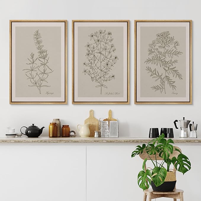 Ashbrook Framed Canvas Print Wall Art Set Duotone Vintage Flowers Nature Wilderness Illustrations Modern Art Decorative Floral Botanical Minimal Calm/Relax/Cozy for Bedroom - 16"x24"x3 NATURAL