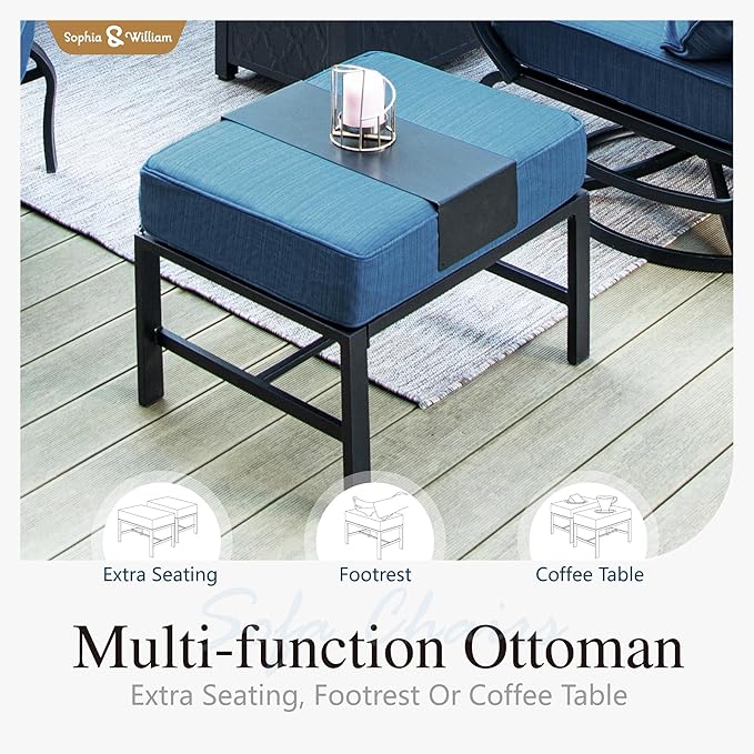 Sophia & William Patio Furniture Sets for 5 Outdoor Metal Conversation Sets 5 Pcs with 2 x Cushioned Swivel Sofa Chairs, 2 x Ottomans as Coffee Table, 1 x 3-Seat Sofa, Backyard Poolside Peacock Blue