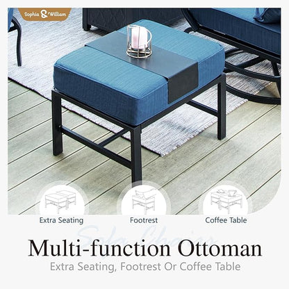 Sophia & William Patio Furniture Sets for 5 Outdoor Metal Conversation Sets 5 Pcs with 2 x Cushioned Swivel Sofa Chairs, 2 x Ottomans as Coffee Table, 1 x 3-Seat Sofa, Backyard Poolside Peacock Blue