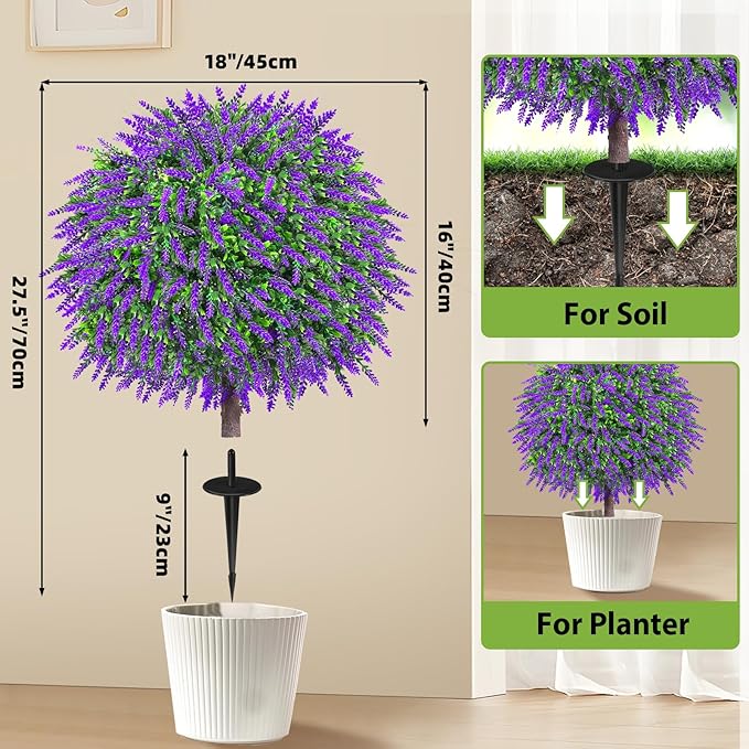 27.5" Artificial Lavender Boxwood Topiary Ball Trees, Set of 2 Fake Shrubs Bushes with Ground Spike, UV Resistant Faux Evergreen Tree for Front Porch Outdoor Garden Decor