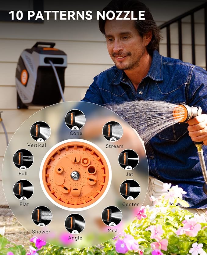 SUNPOW Retractable Garden Hose Reel - 1/2 inch x 50ft Wall Mounted Hose Reel with 3/4 inch Brass Fitting & 10 Function Sprayer Nozzle - Any Length Lock, Auto Rewind System, 180°Swivel Bracket - Grey