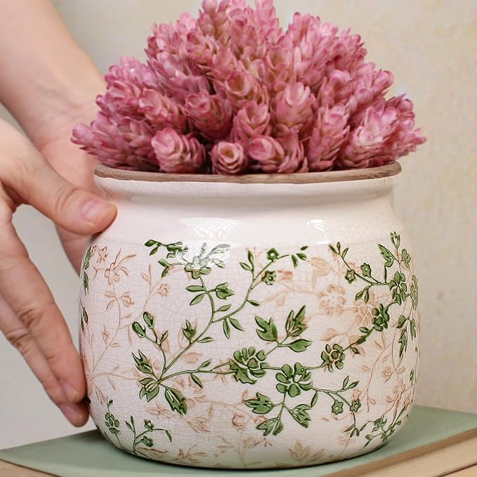 Vintage Ceramic 6.29in Plant Pots, Decorative Vase for Indoor Garden, Room & Home Decor, Sage Beige