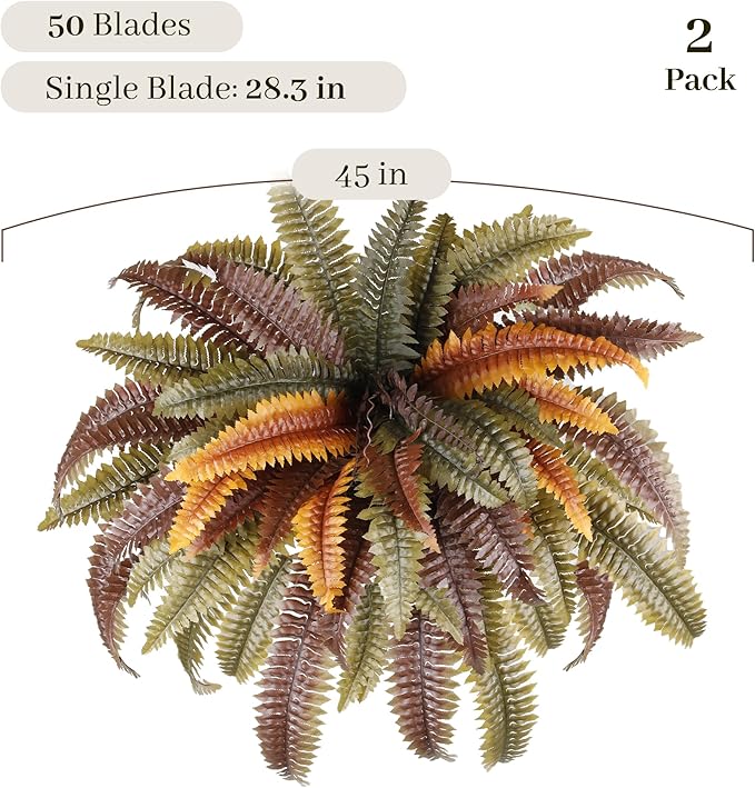 KOL 2-Pack 45in Artificial Boston Ferns, Autumn Faux Fern Bushes with Bendable Stems for Hanging or Floor Display, Living Room Wedding Indoor Outdoor Decor